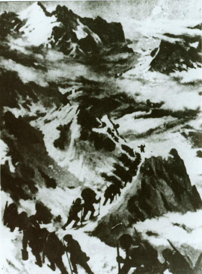 ↑資料圖片：紅軍過打鼓山。（圖片由陸軍第16集團軍某紅軍團提供）
