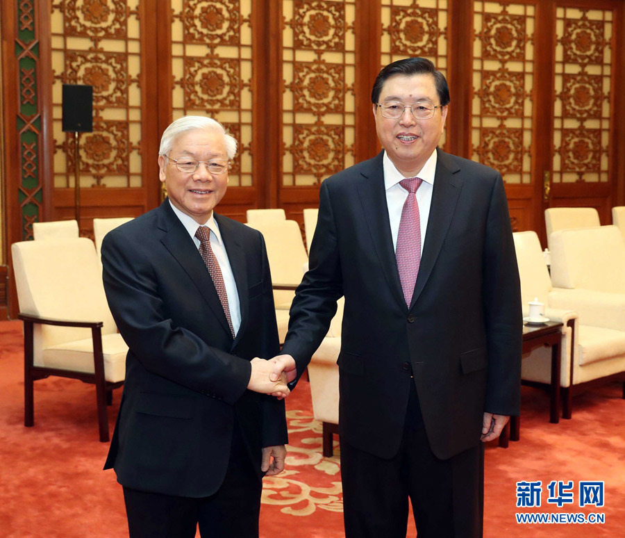 1月13日，中共中央政治局常委、全國人大常委會委員長張德江在北京人民大會堂會見越共中央總書記阮富仲。 新華社記者 劉衛(wèi)兵 攝