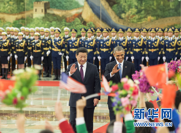 11月12日，國家主席習(xí)近平在北京人民大會堂舉行歡迎儀式，歡迎美國總統(tǒng)奧巴馬對中國進(jìn)行國事訪問。 新華社記者 黃敬文 攝