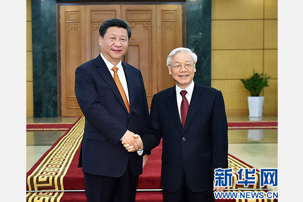 11月5日，中共中央總書記、國家主席習(xí)近平在河內(nèi)同越共中央總書記阮富仲舉行會(huì)談。 新華社記者李濤攝